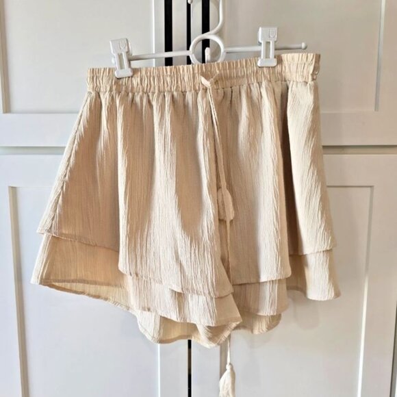 Cider Boho Lounge Shorts Crinkle Gauze Drawstring Tassel Beige Cream Casual XL - Picture 1 of 8